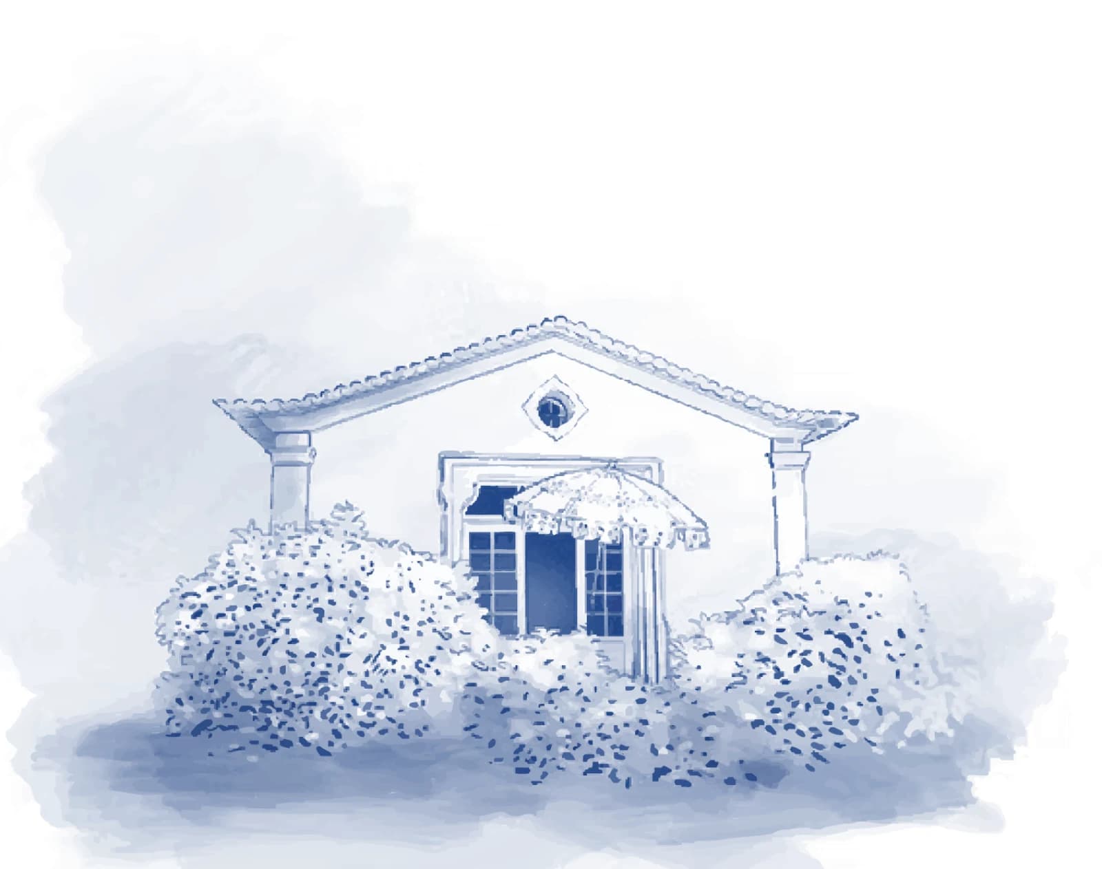 Watercolour of the Café de Cabanas house among the hydrangeas