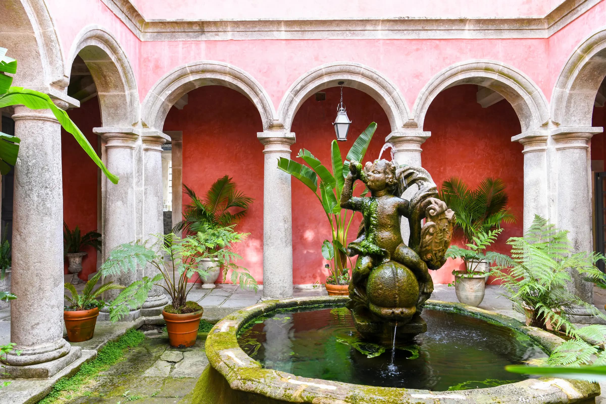 The cloister fountain among ferns, under rose-coloured arcades